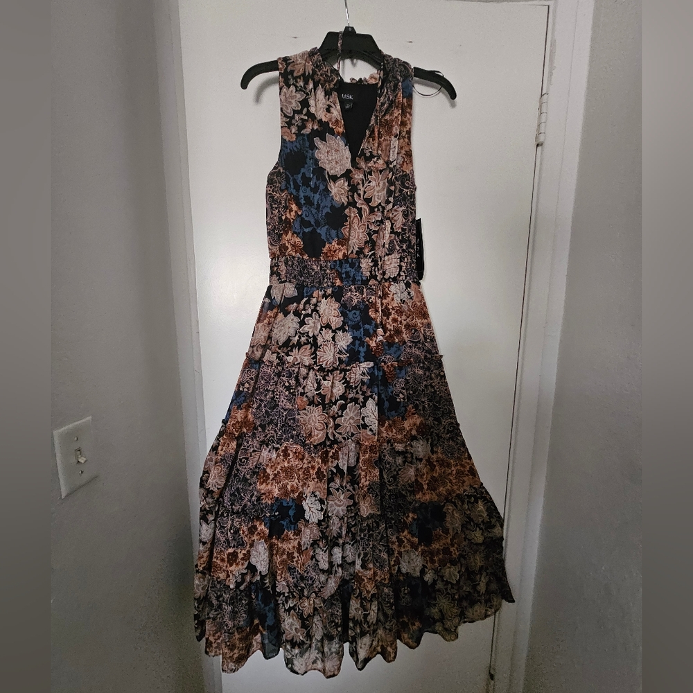 MSK Women's Printed Tie Neck Smock Waist Tiered Maxi Dress